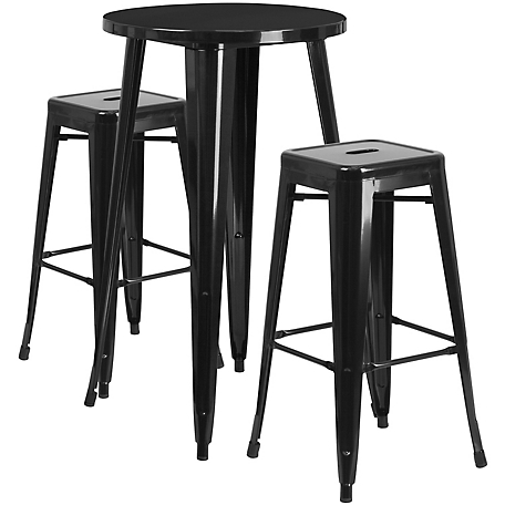 Flash Furniture 3 pc. 24 in. Round Metal Indoor/Outdoor Bar Table Set with 2 Square Seat Backless Stools, Black