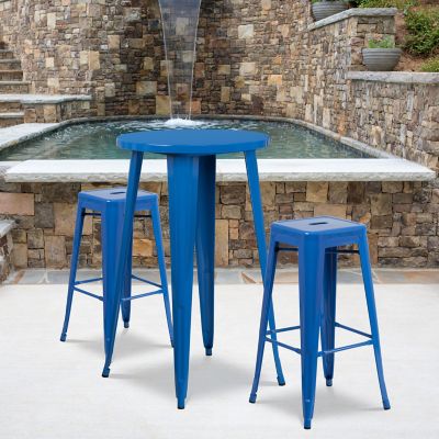 Flash Furniture 3 pc. 24 in. Round Metal Indoor/Outdoor Bar Table Set with 2 Square Seat Backless Stools, Blue