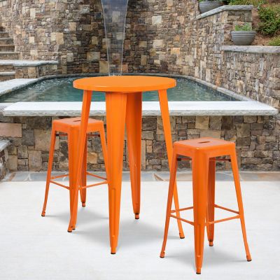 Flash Furniture 3 pc. 24 in. Round Metal Indoor/Outdoor Bar Table Set with 2 Square Seat Backless Stools, Orange