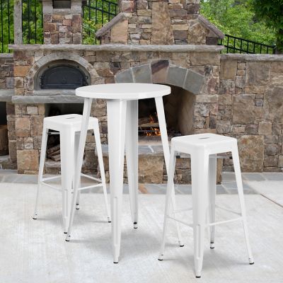 Flash Furniture 3 pc. 24 in. Round Metal Indoor/Outdoor Bar Table Set with 2 Square Seat Backless Stools, White