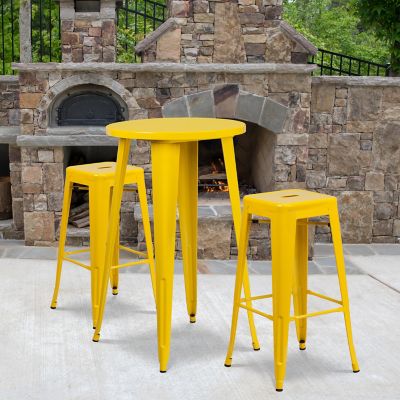 Flash Furniture 3 pc. 24 in. Round Metal Indoor/Outdoor Bar Table Set with 2 Square Seat Backless Stools, Yellow