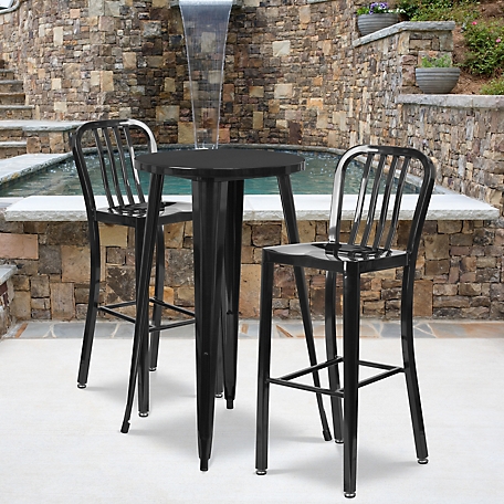 Flash Furniture 3 pc. 24 in. Round Metal Indoor/Outdoor Bar Table Set with 2 Vertical Slat Back Stools, Black