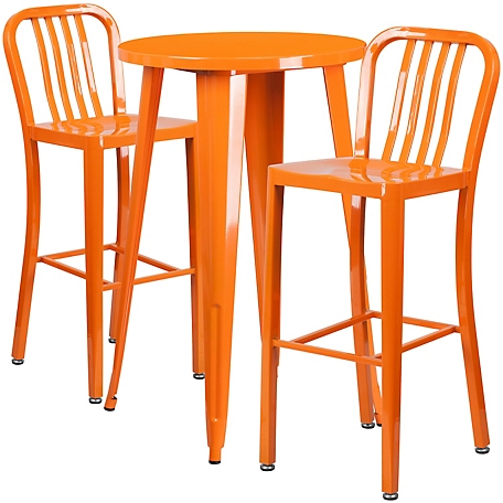 Flash Furniture 3 pc. 24 in. Round Metal Indoor/Outdoor Bar Table Set with 2 Vertical Slat Back Stools, Orange