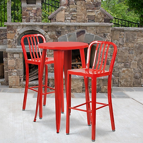 Flash Furniture 3 pc. 24 in. Round Metal Indoor/Outdoor Bar Table Set with 2 Vertical Slat Back Stools, Red