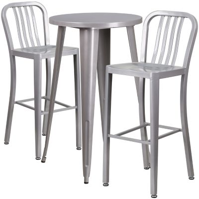 Image showing  3 pc. 24 in. Round Metal Indoor/Outdoor Bar Table Set with 2 Vertical Slat Back Stools, Silver