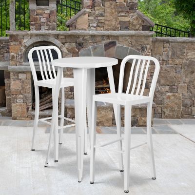 Flash Furniture 3 pc. 24 in. Round Metal Indoor/Outdoor Bar Table Set with 2 Vertical Slat Back Stools, White