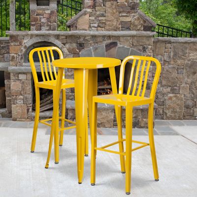 Flash Furniture 3 pc. 24 in. Round Metal Indoor/Outdoor Bar Table Set with 2 Vertical Slat Back Stools, Yellow