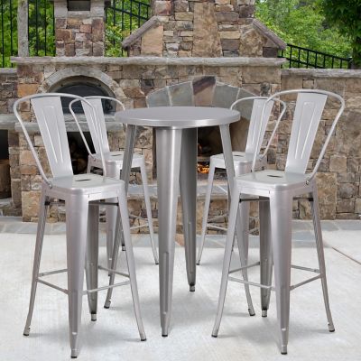 Flash Furniture 5 pc. 24 in. Round Metal Indoor/Outdoor Bar Table Set with 4 Cafe Stools, Silver