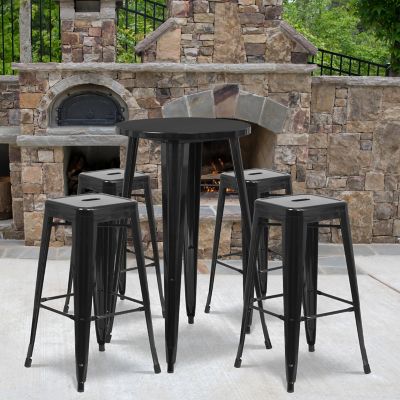 Flash Furniture 5 pc. 24 in. Round Metal Indoor/Outdoor Bar Table Set with 4 Square Seat Backless Stools, Black