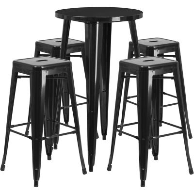 Image showing  5 pc. 24 in. Round Metal Indoor/Outdoor Bar Table Set with 4 Square Seat Backless Stools, Black