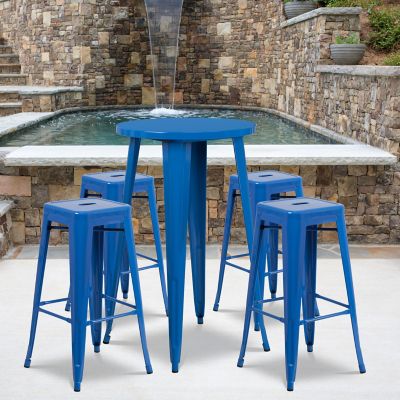 Flash Furniture 5 pc. 24 in. Round Metal Indoor/Outdoor Bar Table Set with 4 Square Seat Backless Stools, Blue