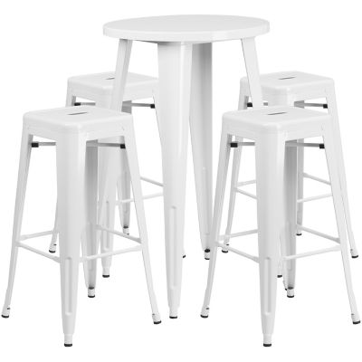 Flash Furniture 5 pc. 24 in. Round Metal Indoor/Outdoor Bar Table Set with 4 Square Seat Backless Stools, White