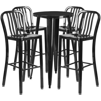 Flash Furniture 5 pc. 24 in. Round Metal Indoor/Outdoor Bar Table Set with 4 Vertical Slat Back Stools, Black