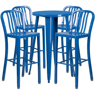 Flash Furniture 5 pc. 24 in. Round Metal Indoor/Outdoor Bar Table Set with 4 Vertical Slat Back Stools, Blue