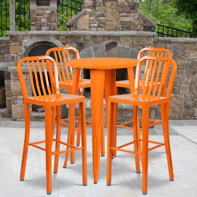 Flash Furniture 5 pc. 24 in. Round Metal Indoor/Outdoor Bar Table Set with 4 Vertical Slat Back Stools, Orange