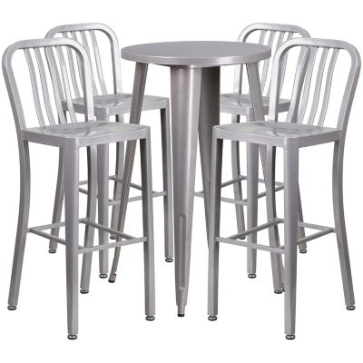 Image showing  5 pc. 24 in. Round Metal Indoor/Outdoor Bar Table Set with 4 Vertical Slat Back Stools, Silver