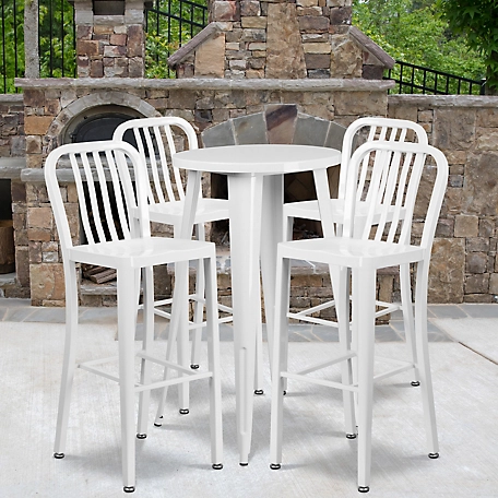 Flash Furniture 5 pc. 24 in. Round Metal Indoor/Outdoor Bar Table Set with 4 Vertical Slat Back Stools, White