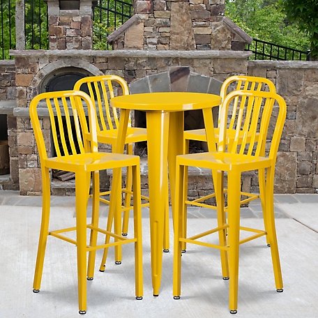 Flash Furniture 5 pc. 24 in. Round Metal Indoor/Outdoor Bar Table Set with 4 Vertical Slat Back Stools, Yellow