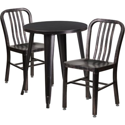 Flash Furniture 3 pc. Round Metal Indoor/Outdoor Bistro Set with 2 Vertical Slat Back Chairs, 24 in. x 29 in.