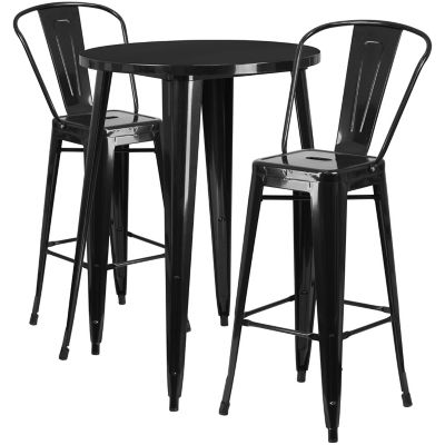 Flash Furniture 3 pc. 30 in. Round Metal Indoor/Outdoor Bar Table Set with 2 Cafe Stools, Black