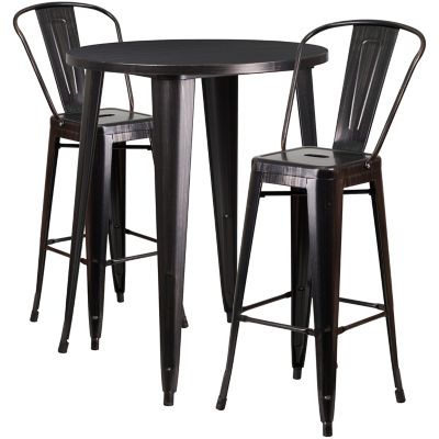 Flash Furniture 3 pc. 30 in. Round Metal Indoor/Outdoor Bar Table Set with 2 Cafe Stools, Black/Antique Gold