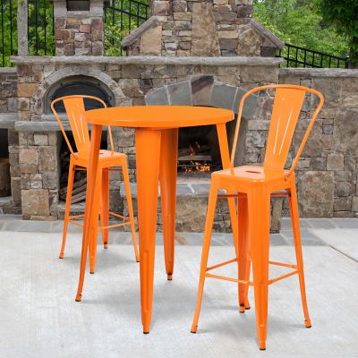 Flash Furniture 3 pc. 30 in. Round Metal Indoor/Outdoor Bar Table Set with 2 Cafe Stools, Orange