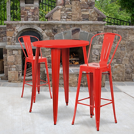 Flash Furniture 3 pc. 30 in. Round Metal Indoor/Outdoor Bar Table Set with 2 Cafe Stools, Red
