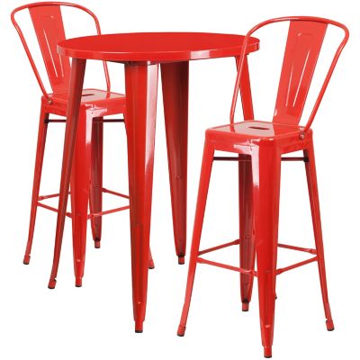 Image showing  3 pc. 30 in. Round Metal Indoor/Outdoor Bar Table Set with 2 Cafe Stools, Red