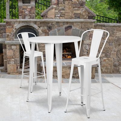Flash Furniture 3 pc. 30 in. Round Metal Indoor/Outdoor Bar Table Set with 2 Cafe Stools, White
