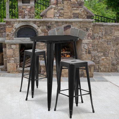 Flash Furniture 3 pc. 30 in. Round Metal Indoor/Outdoor Bar Table Set with 2 Square Seat Backless Stools, Black