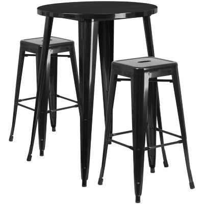 Image showing  3 pc. 30 in. Round Metal Indoor/Outdoor Bar Table Set with 2 Square Seat Backless Stools, Black