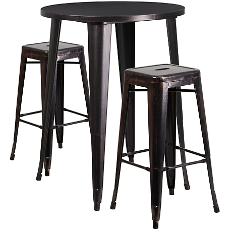 Flash Furniture 3 pc. 30 in. Round Metal Indoor/Outdoor Bar Table Set with 2 Square Seat Backless Stools, Black/Antique Gold