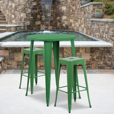 Flash Furniture 3 pc. 30 in. Round Metal Indoor/Outdoor Bar Table Set with 2 Square Seat Backless Stools, Green