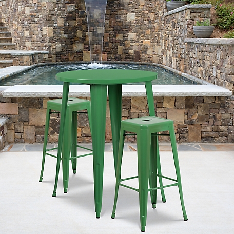 Flash Furniture 3 pc. 30 in. Round Metal Indoor/Outdoor Bar Table Set with 2 Square Seat Backless Stools, Green
