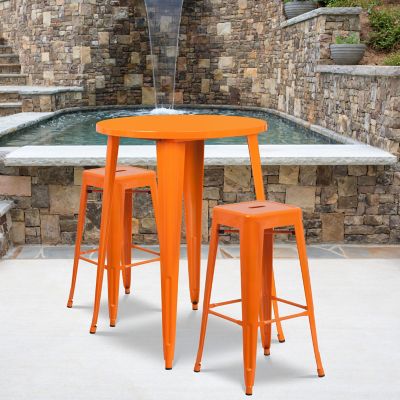 Flash Furniture 3 pc. 30 in. Round Metal Indoor/Outdoor Bar Table Set with 2 Square Seat Backless Stools, Orange