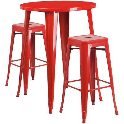 Image showing  3 pc. 30 in. Round Metal Indoor/Outdoor Bar Table Set with 2 Square Seat Backless Stools, Red