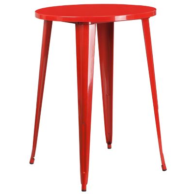 Image showing  3 pc. 30 in. Round Metal Indoor/Outdoor Bar Table Set with 2 Square Seat Backless Stools, Red