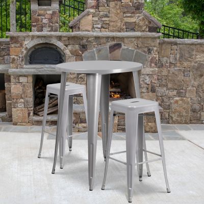 Flash Furniture 3 pc. 30 in. Round Metal Indoor/Outdoor Bar Table Set with 2 Square Seat Backless Stools, Silver