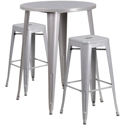 Image showing  3 pc. 30 in. Round Metal Indoor/Outdoor Bar Table Set with 2 Square Seat Backless Stools, Silver