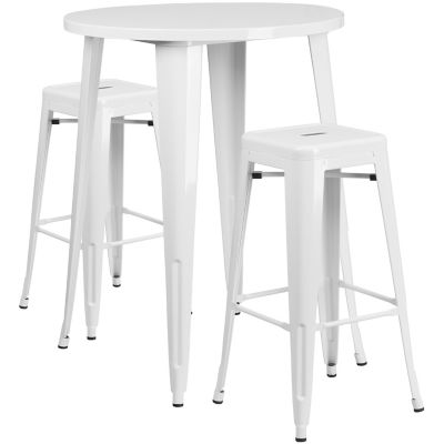 Flash Furniture 3 pc. 30 in. Round Metal Indoor/Outdoor Bar Table Set with 2 Square Seat Backless Stools, White