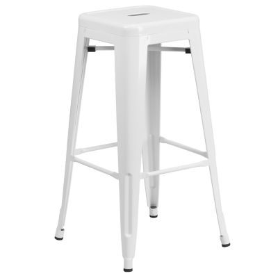 Image showing  3 pc. 30 in. Round Metal Indoor/Outdoor Bar Table Set with 2 Square Seat Backless Stools, White