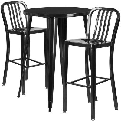 Flash Furniture 3 pc. 30 in. Round Metal Indoor/Outdoor Bar Table Set with 2 Vertical Slat Back Stools, Black