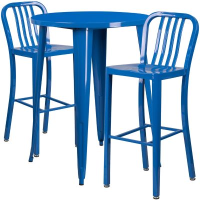 Flash Furniture 3 pc. 30 in. Round Metal Indoor/Outdoor Bar Table Set with 2 Vertical Slat Back Stools, Blue