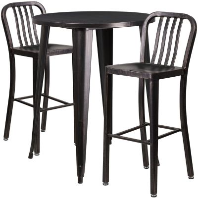 Flash Furniture 3 pc. 30 in. Round Metal Indoor/Outdoor Bar Table Set with 2 Vertical Slat Back Stools, Black/Antique Gold