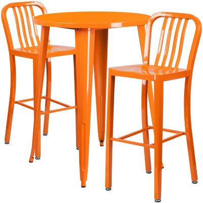 Flash Furniture 3 pc. 30 in. Round Metal Indoor/Outdoor Bar Table Set with 2 Vertical Slat Back Stools, Orange