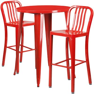 Flash Furniture 3 pc. 30 in. Round Metal Indoor/Outdoor Bar Table Set with 2 Vertical Slat Back Stools, Red