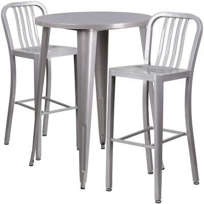 Flash Furniture 3 pc. 30 in. Round Metal Indoor/Outdoor Bar Table Set with 2 Vertical Slat Back Stools, Silver