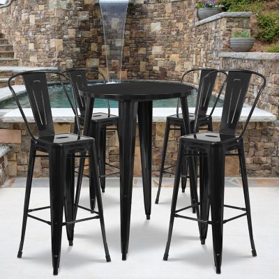 Flash Furniture 5 pc. 30 in. Round Metal Indoor/Outdoor Bar Table Set with 4 Cafe Stools, Black