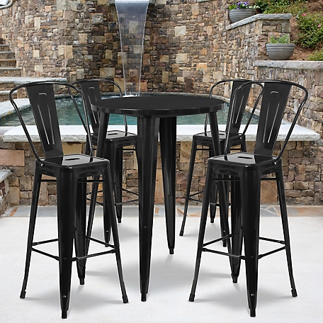 Flash Furniture 5 pc. 30 in. Round Metal Indoor/Outdoor Bar Table Set with 4 Cafe Stools, Black
