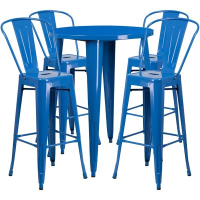 Flash Furniture 5 pc. 30 in. Round Metal Indoor/Outdoor Bar Table Set with 4 Cafe Stools, Blue